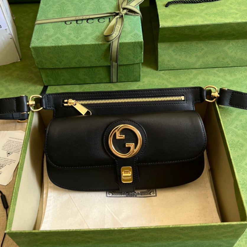 GUCCI Black Leather Belt Bag with Gold GG Hardware
