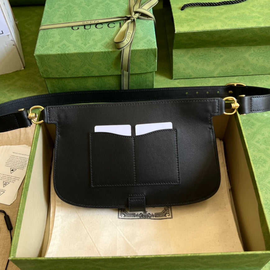 GUCCI Black Leather Belt Bag with Gold GG Hardware