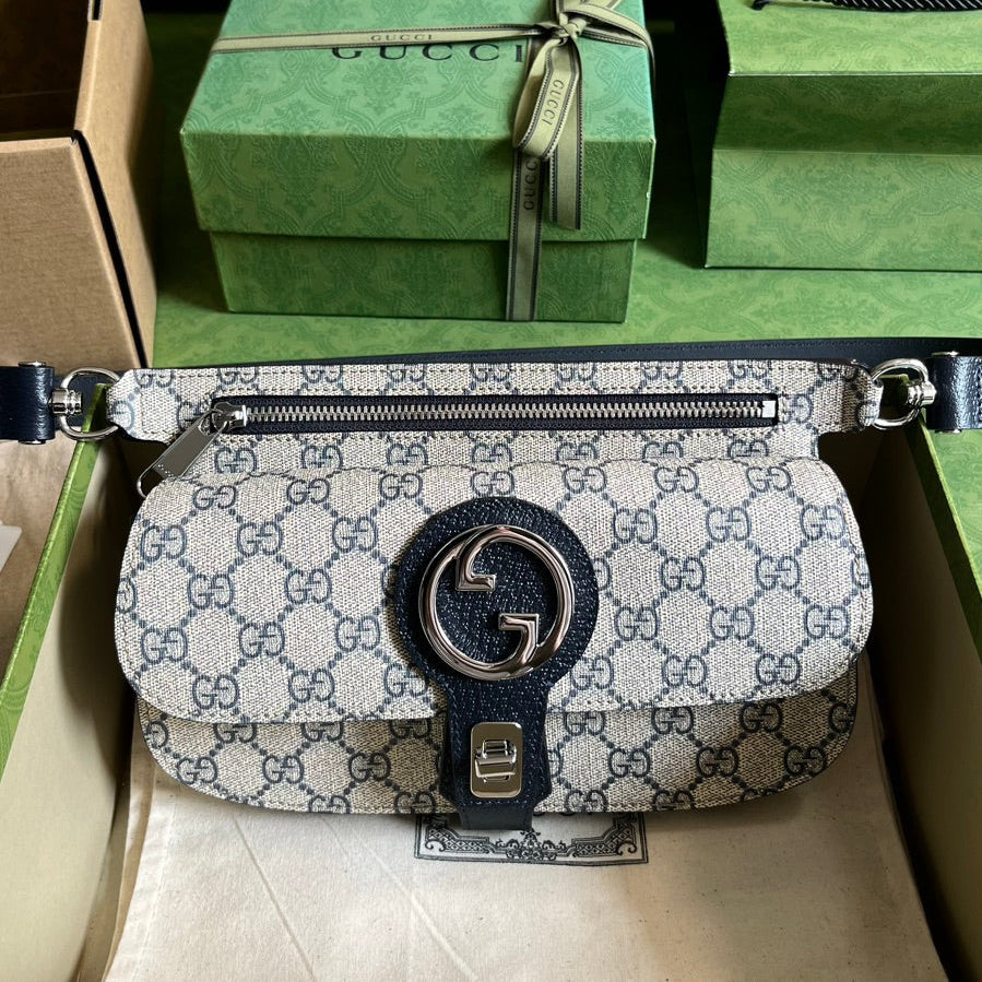 GUCCI GG Supreme Canvas Belt Bag with Navy Blue Leather Trim