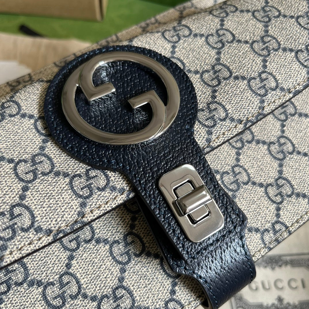 GUCCI GG Supreme Canvas Belt Bag with Navy Blue Leather Trim
