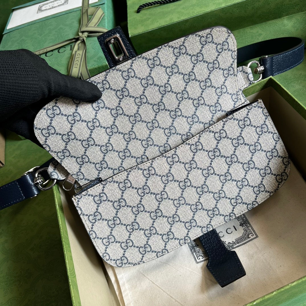 GUCCI GG Supreme Canvas Belt Bag with Navy Blue Leather Trim