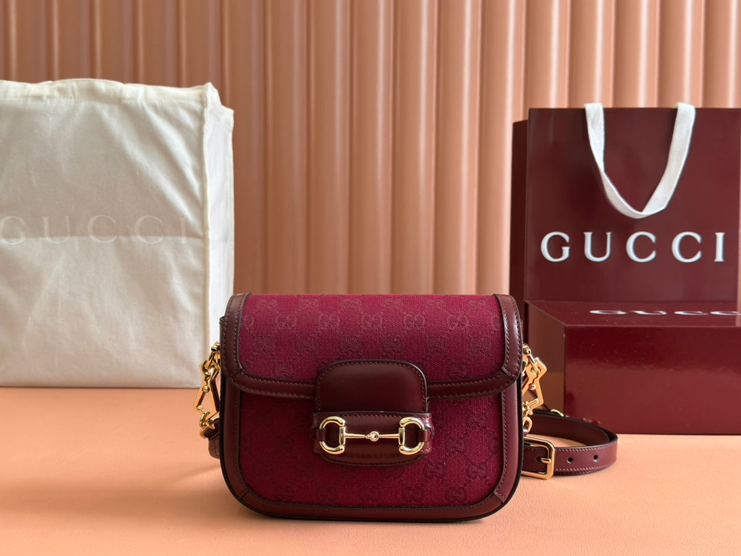 GUCCI Burgundy GG Canvas Horsebit Crossbody Bag with Gold Hardware