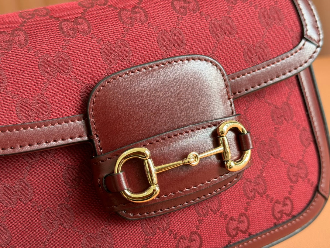 GUCCI Burgundy GG Canvas Horsebit Crossbody Bag with Gold Hardware