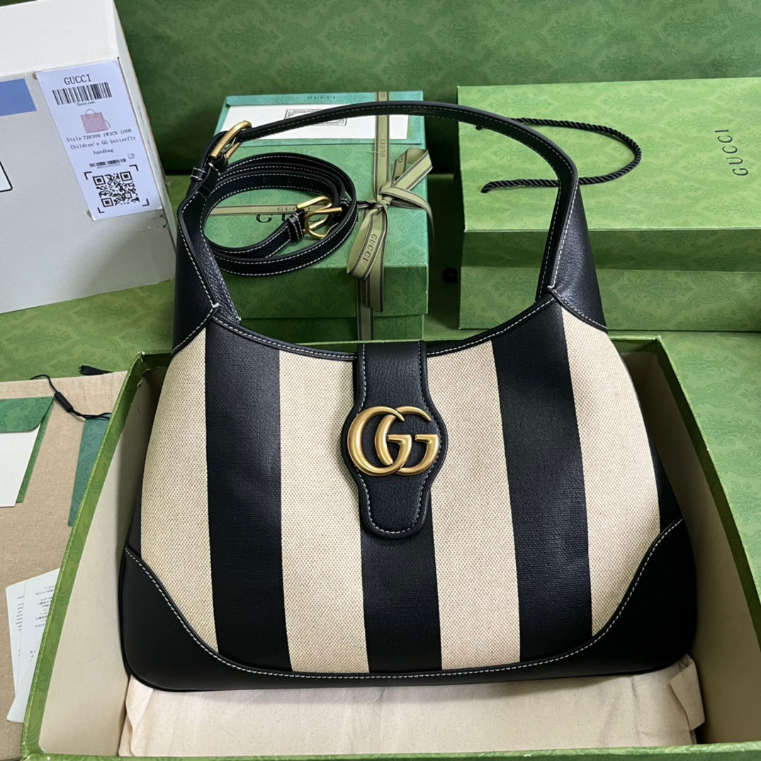 GUCCI Black & Beige Striped Canvas Hobo Bag with Gold GG Hardware