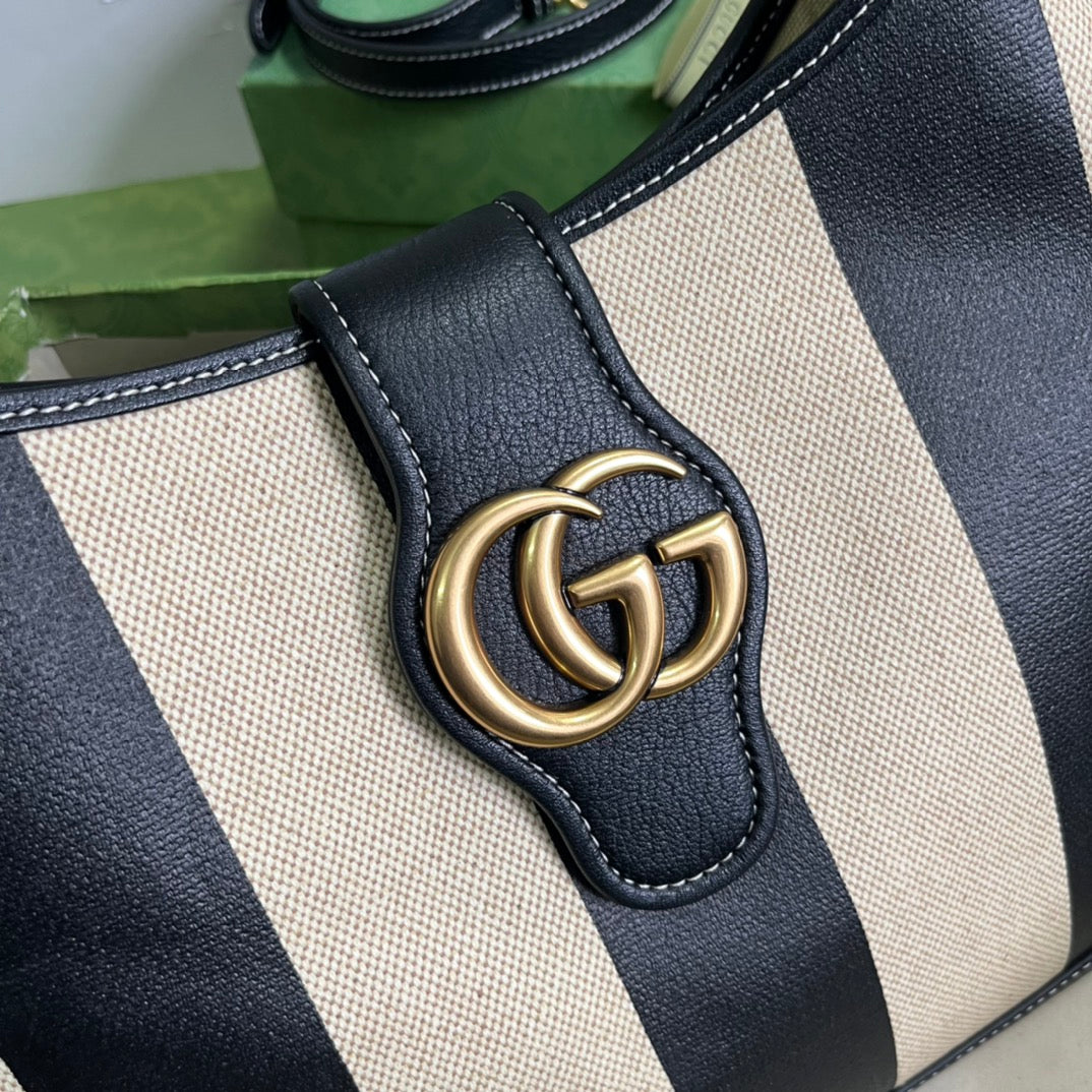 GUCCI Black & Beige Striped Canvas Hobo Bag with Gold GG Hardware