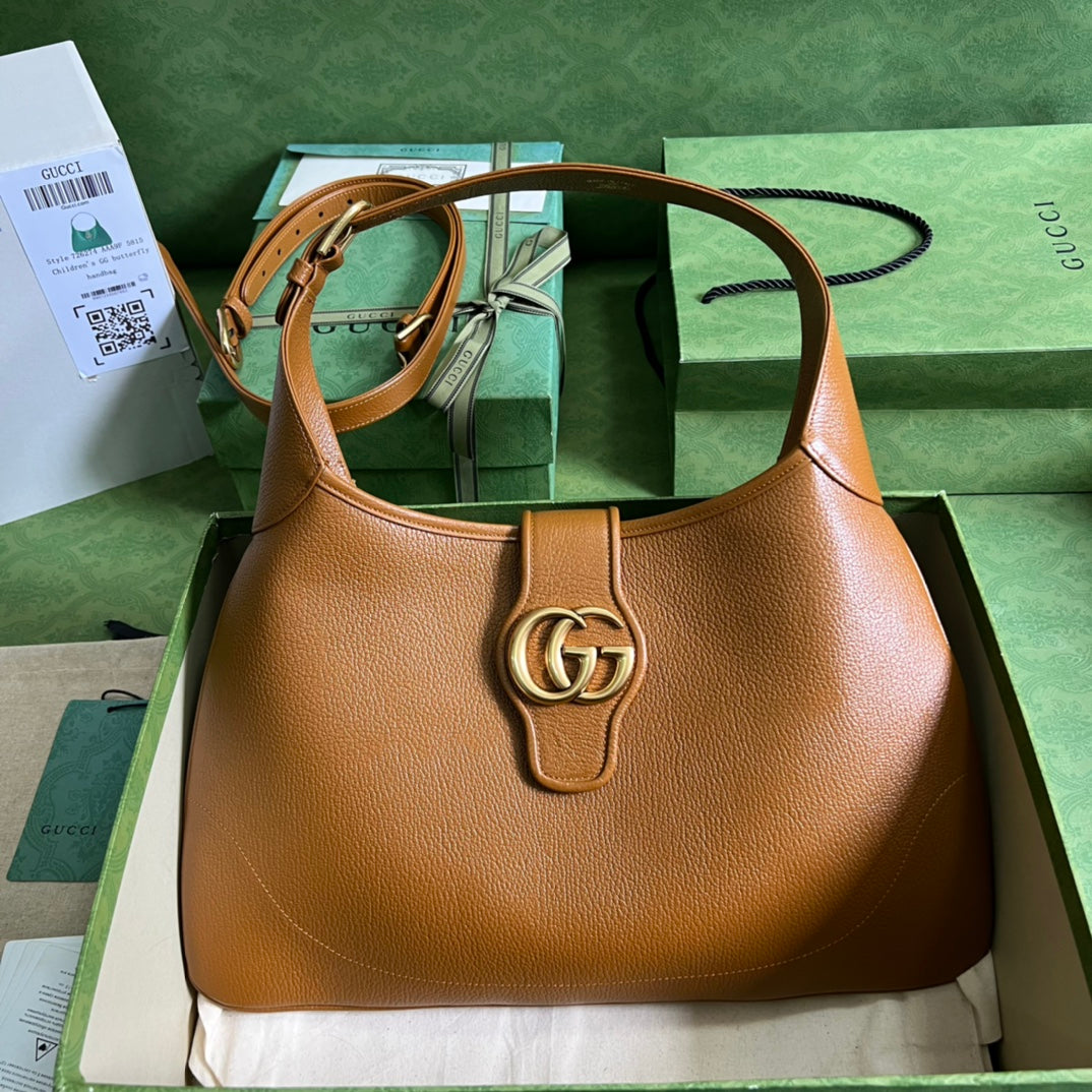 GUCCI Tan Leather Hobo Bag with Gold GG Hardware