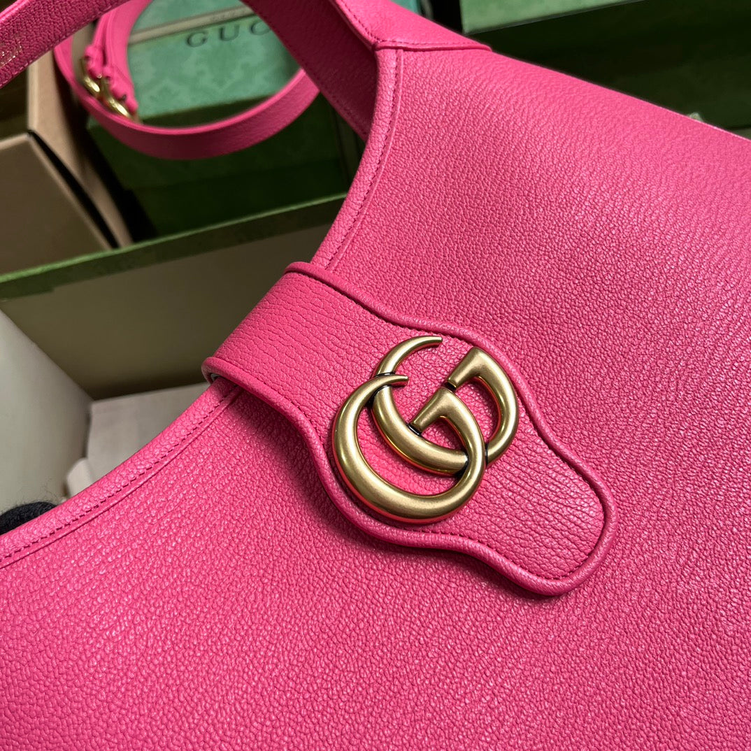 GUCCI Fuchsia Pink Leather Hobo Bag with Gold GG Hardware