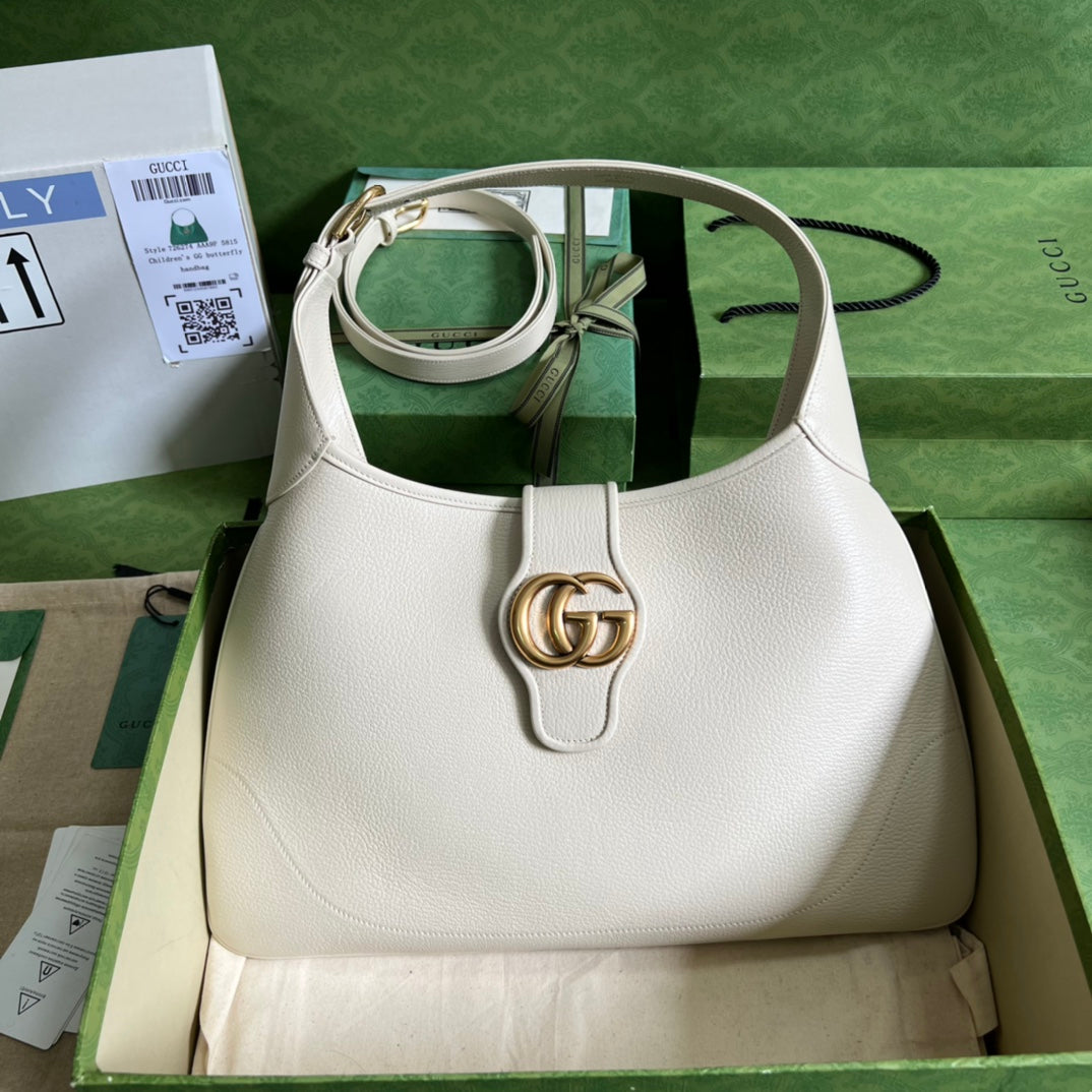 GUCCI Cream White Leather Hobo Bag with Gold GG Hardware