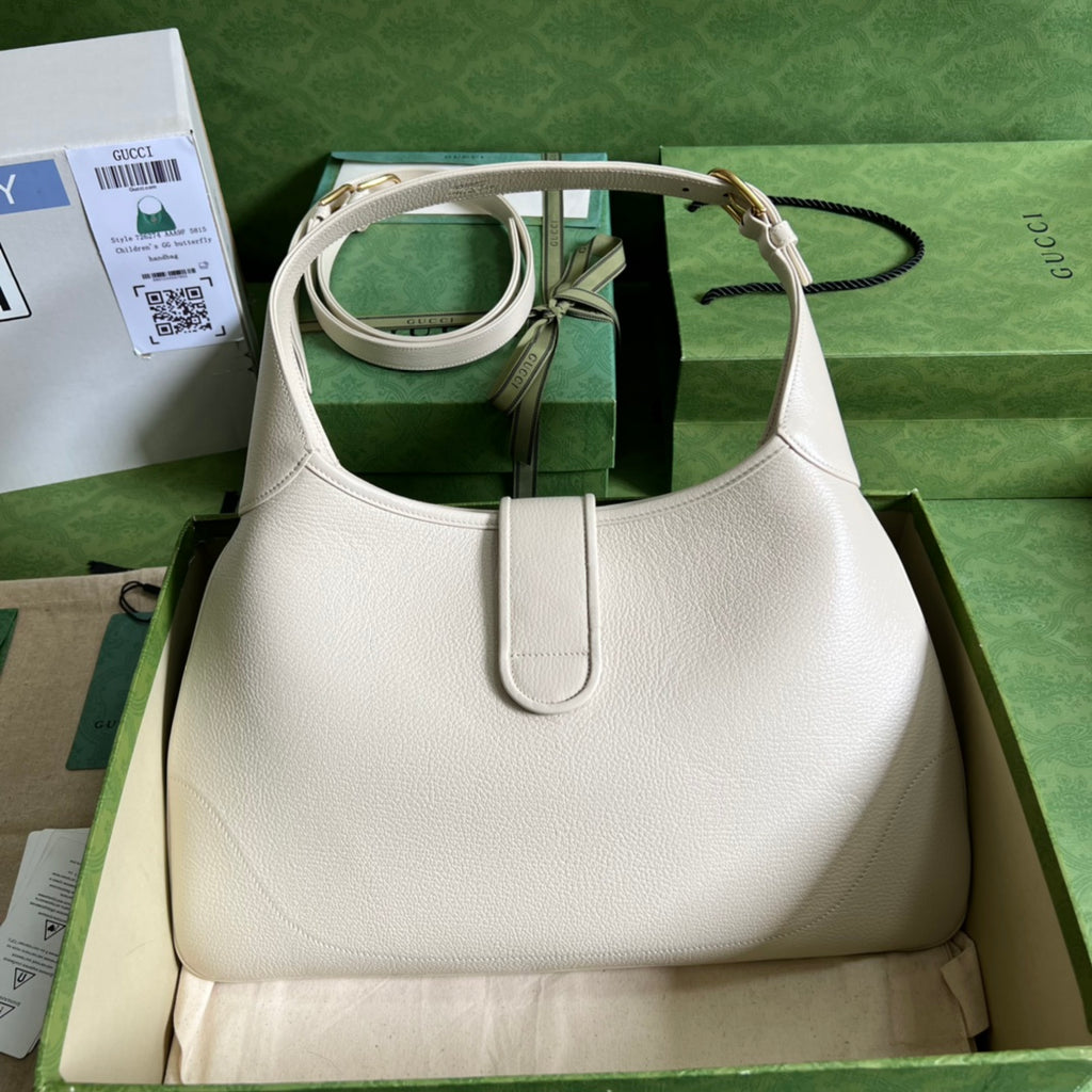 GUCCI Cream White Leather Hobo Bag with Gold GG Hardware