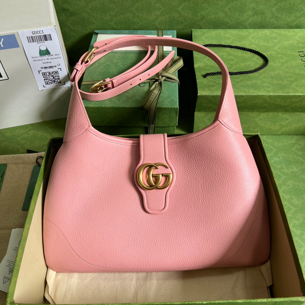GUCCI Pink Leather Hobo Bag with Gold GG Hardware