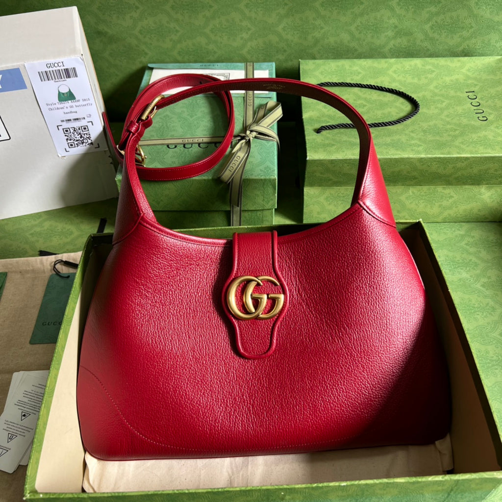 GUCCI Red Leather Hobo Bag with Gold GG Hardware