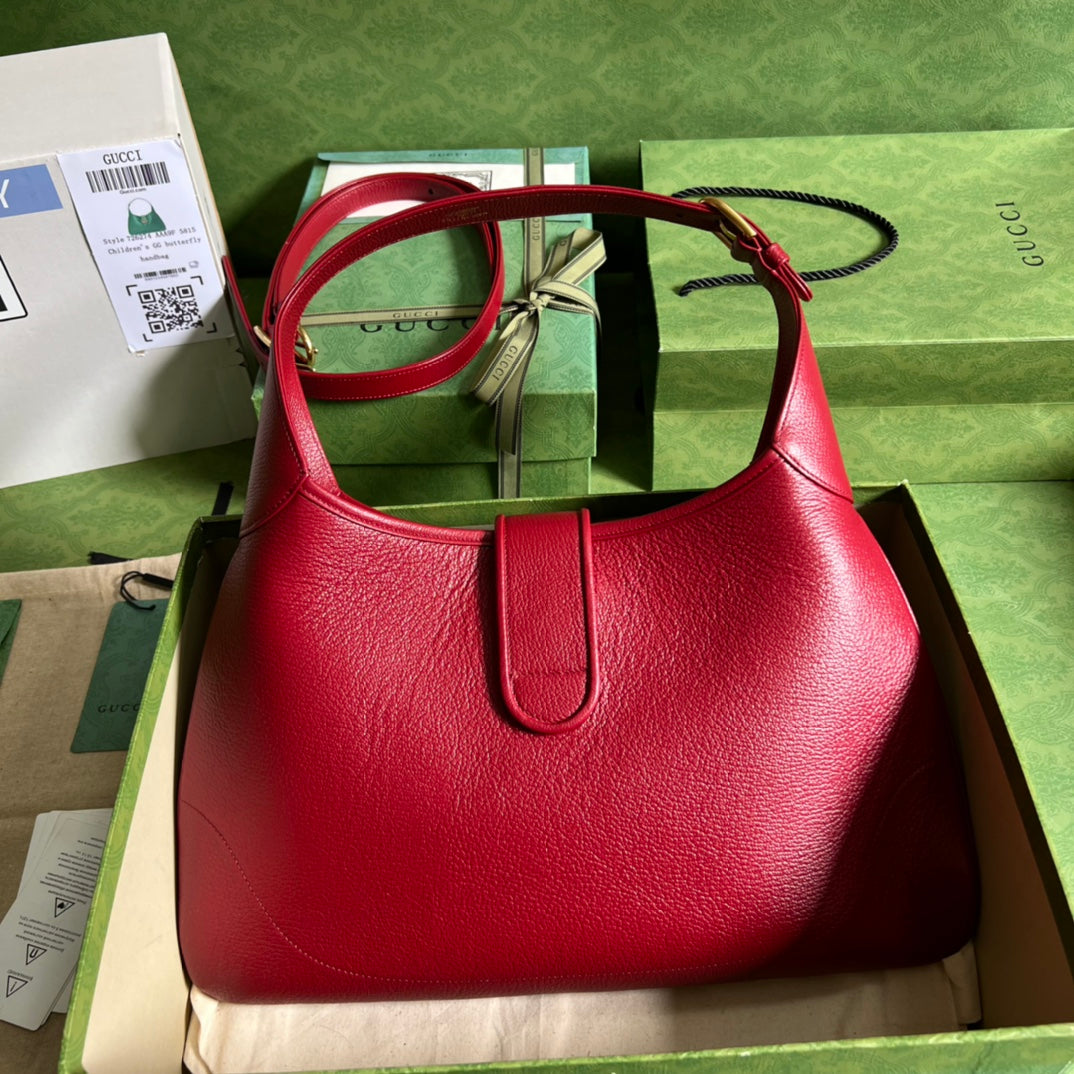 GUCCI Red Leather Hobo Bag with Gold GG Hardware