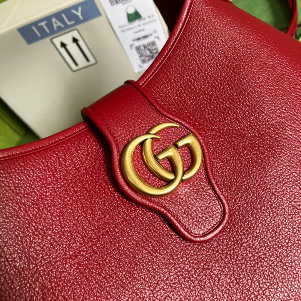 GUCCI Red Leather Hobo Bag with Gold GG Hardware