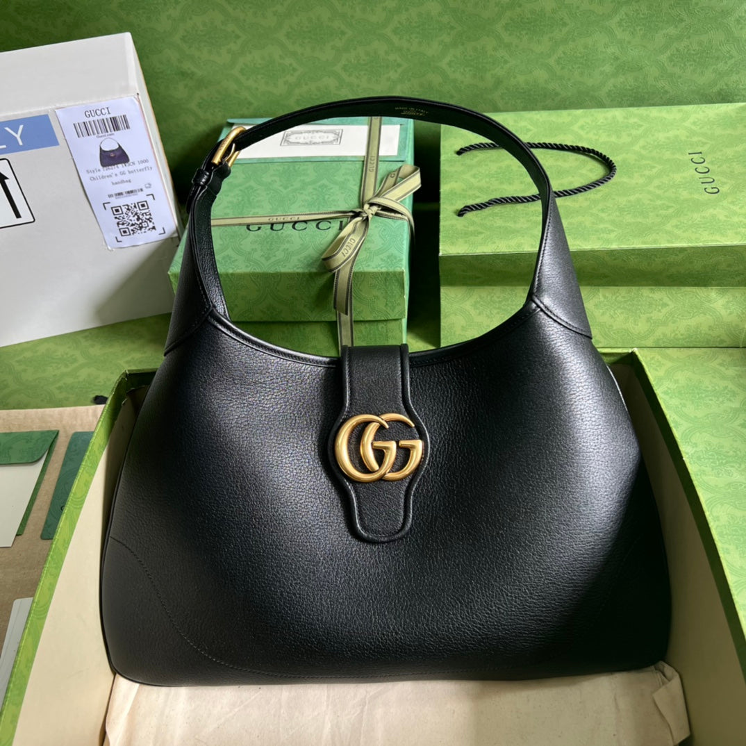 GUCCI Black Leather Hobo Bag with Gold GG Hardware