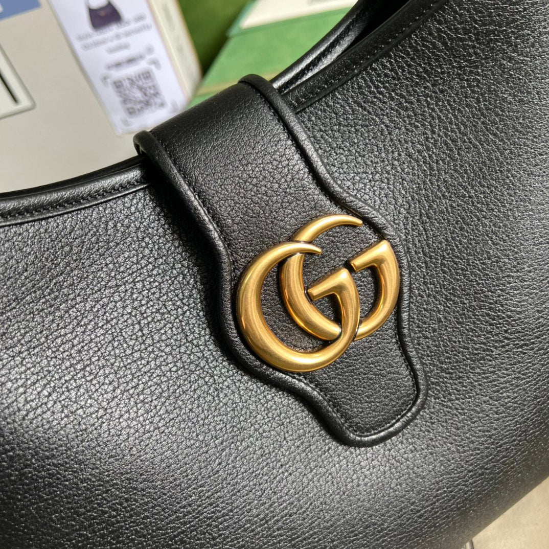 GUCCI Black Leather Hobo Bag with Gold GG Hardware