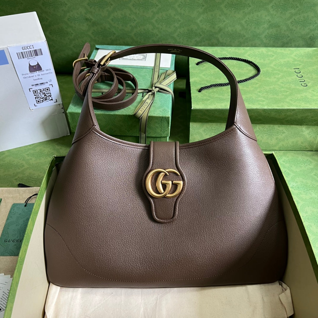 GUCCI Taupe Leather Hobo Bag with Gold GG Hardware