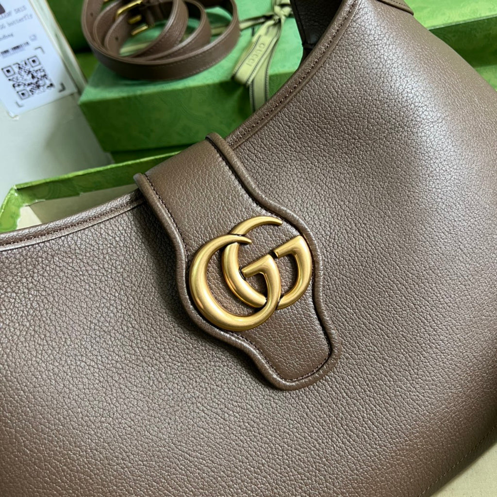 GUCCI Taupe Leather Hobo Bag with Gold GG Hardware