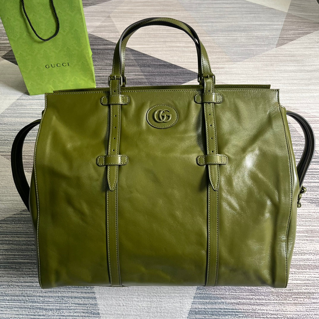 GUCCI Olive Green Leather Tote Bag with Interlocking GG Logo