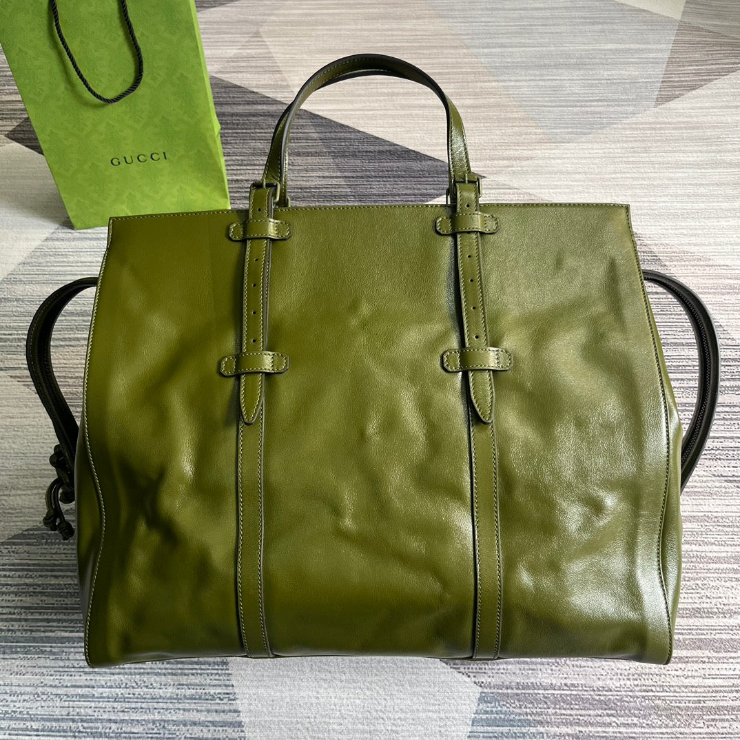 GUCCI Olive Green Leather Tote Bag with Interlocking GG Logo