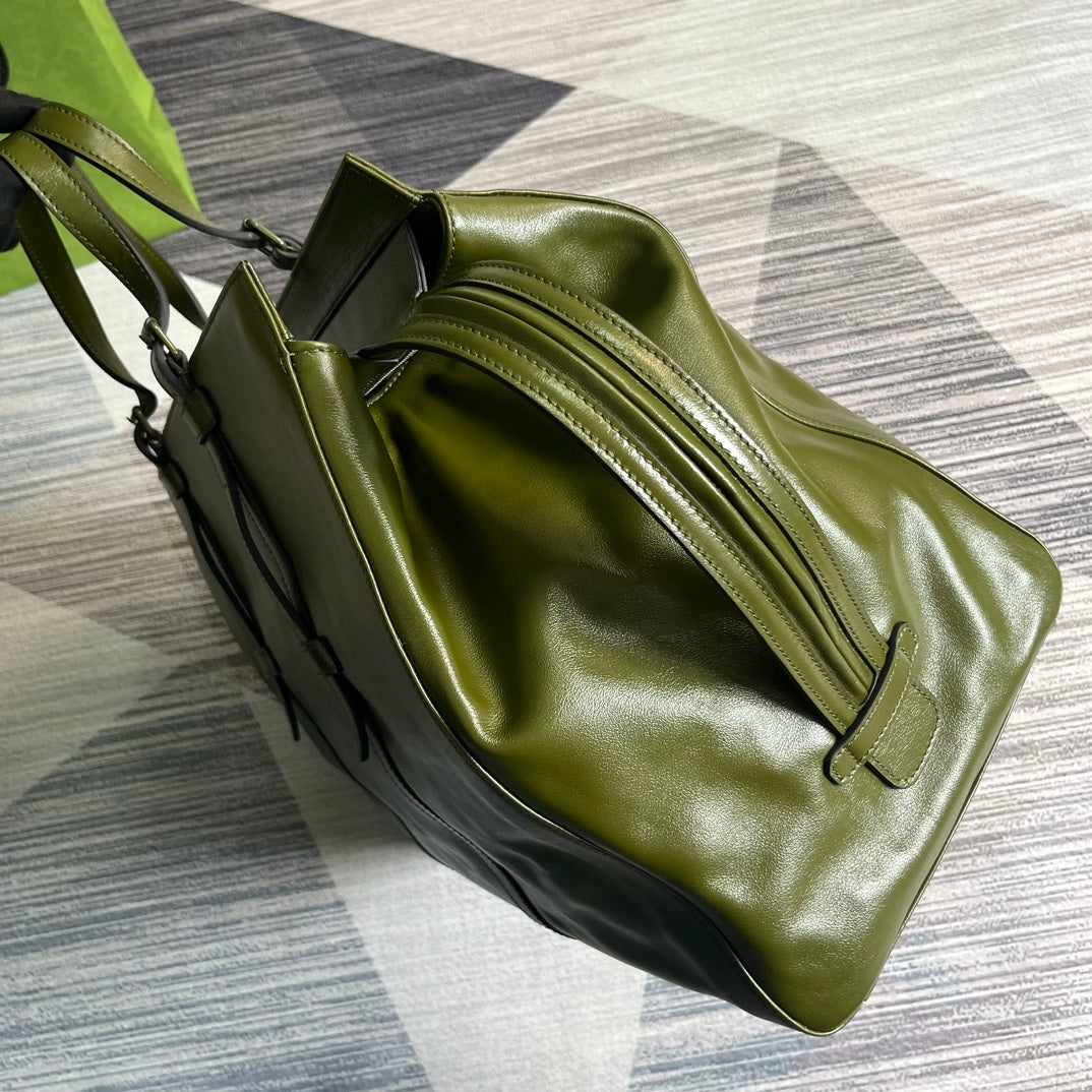 GUCCI Olive Green Leather Tote Bag with Interlocking GG Logo