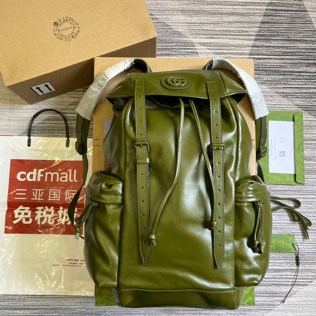 GUCCI Olive Green Leather Backpack with Interlocking GG Logo