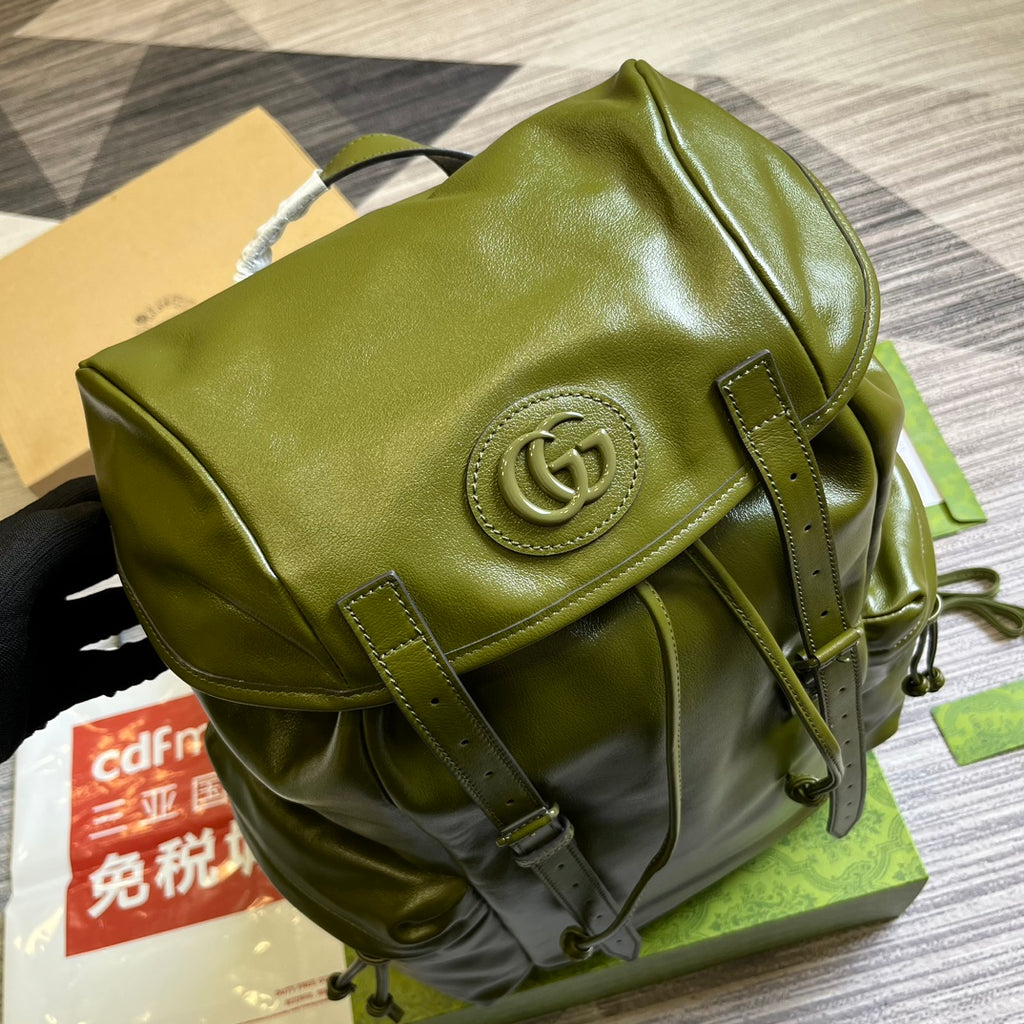 GUCCI Olive Green Leather Backpack with Interlocking GG Logo