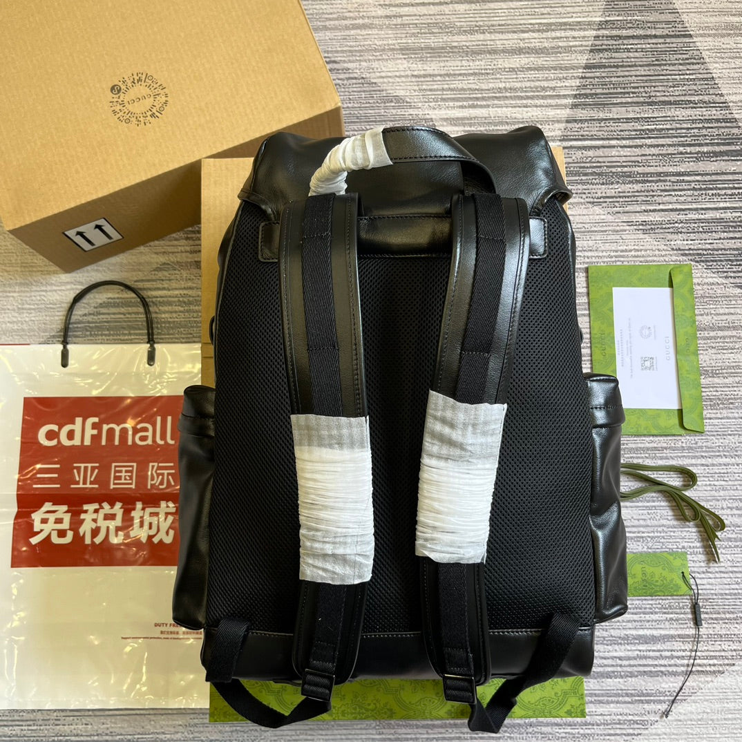 GUCCI Black Leather Backpack with Interlocking GG Logo