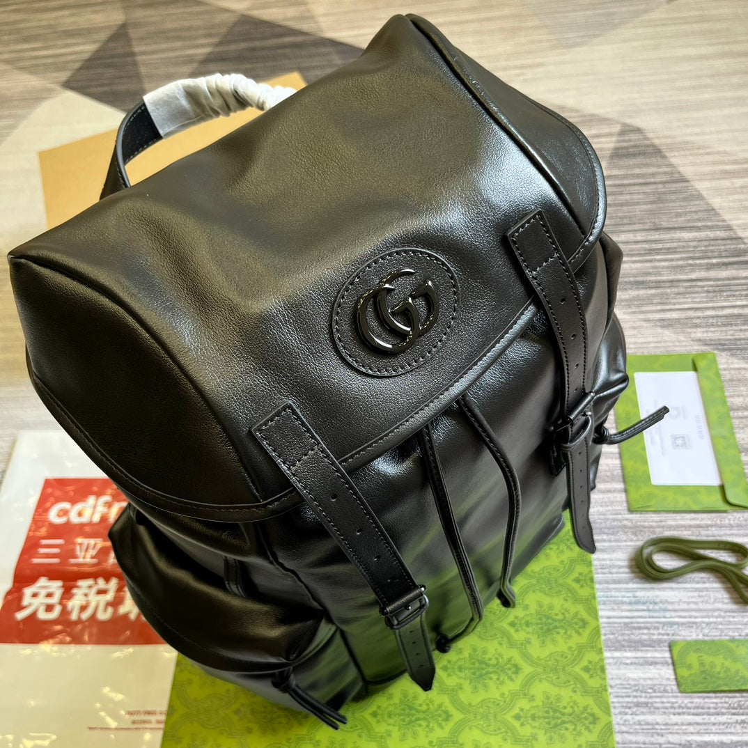 GUCCI Black Leather Backpack with Interlocking GG Logo