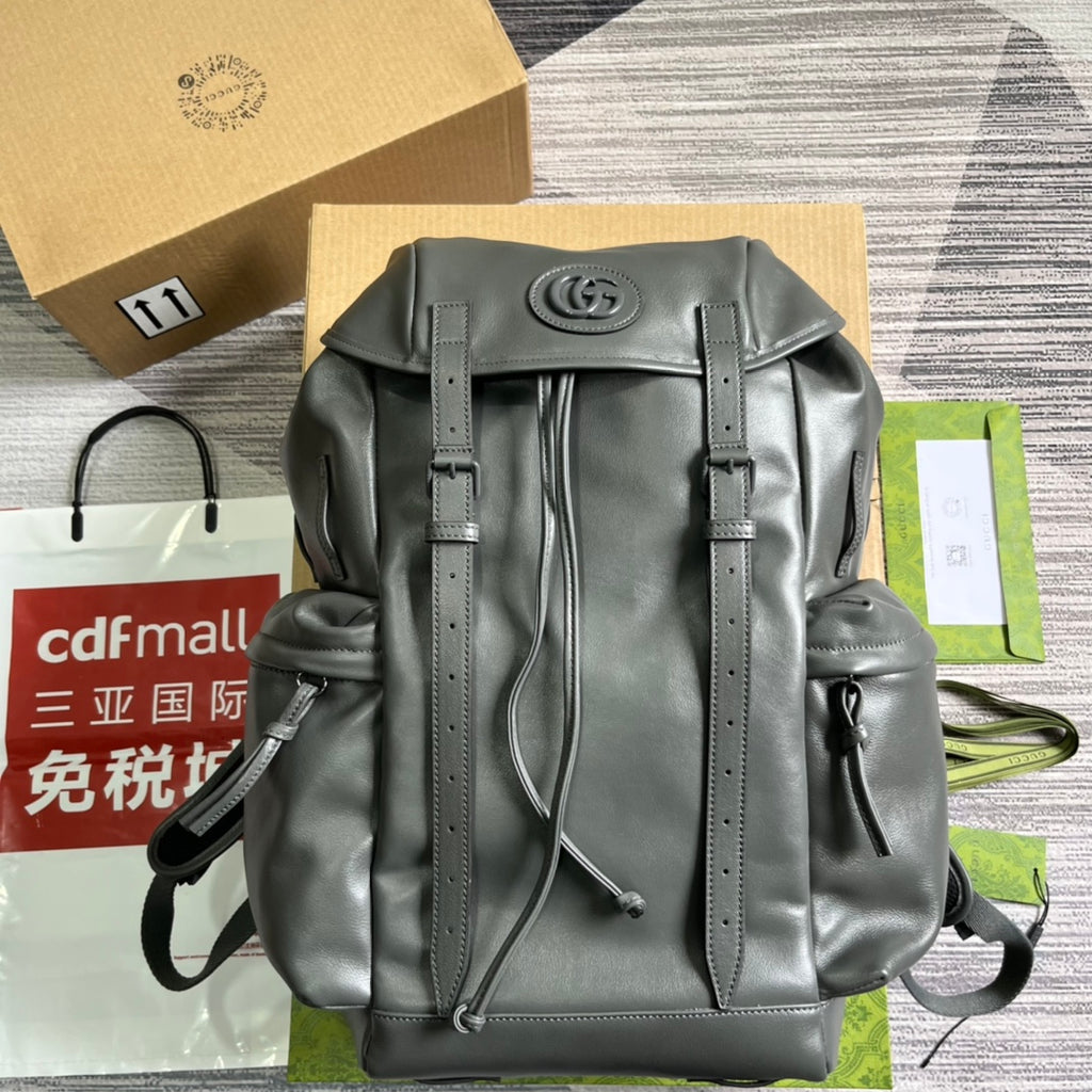 GUCCI Grey Leather Backpack with Interlocking GG Logo