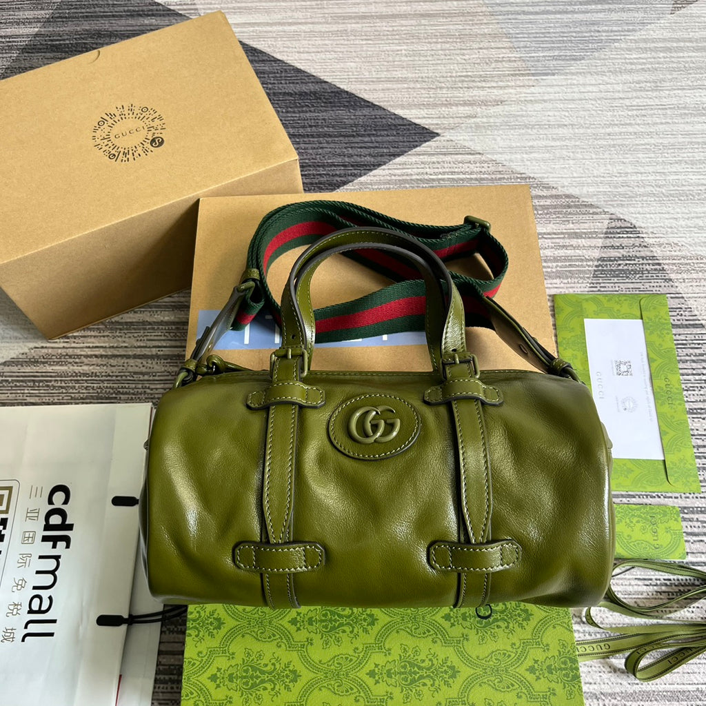 GUCCI Olive Green Leather Boston Bag with Iconic Web Strap