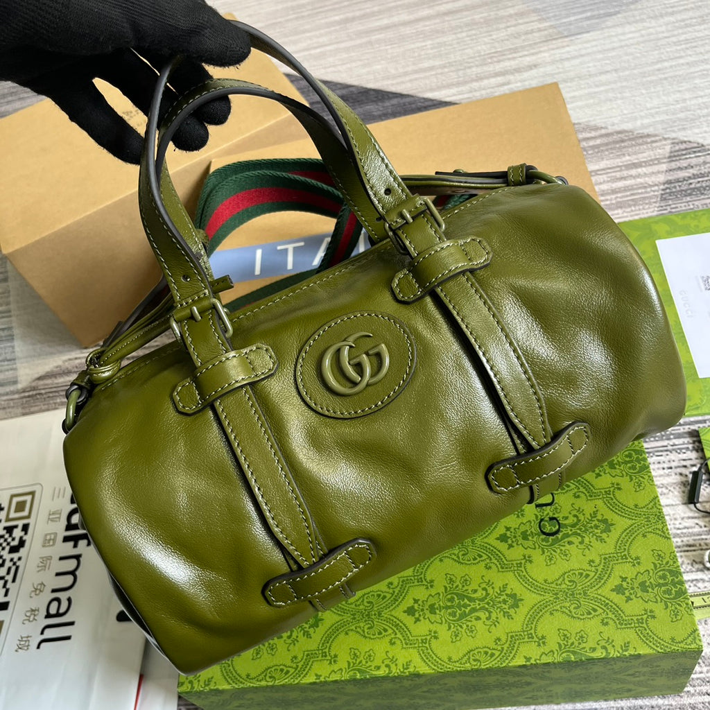 GUCCI Olive Green Leather Boston Bag with Iconic Web Strap