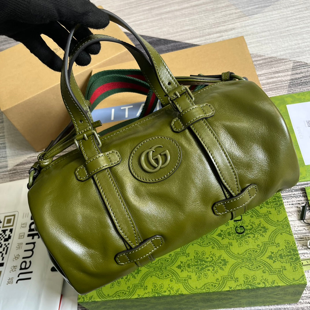 GUCCI Olive Green Leather Boston Bag with Iconic Web Strap
