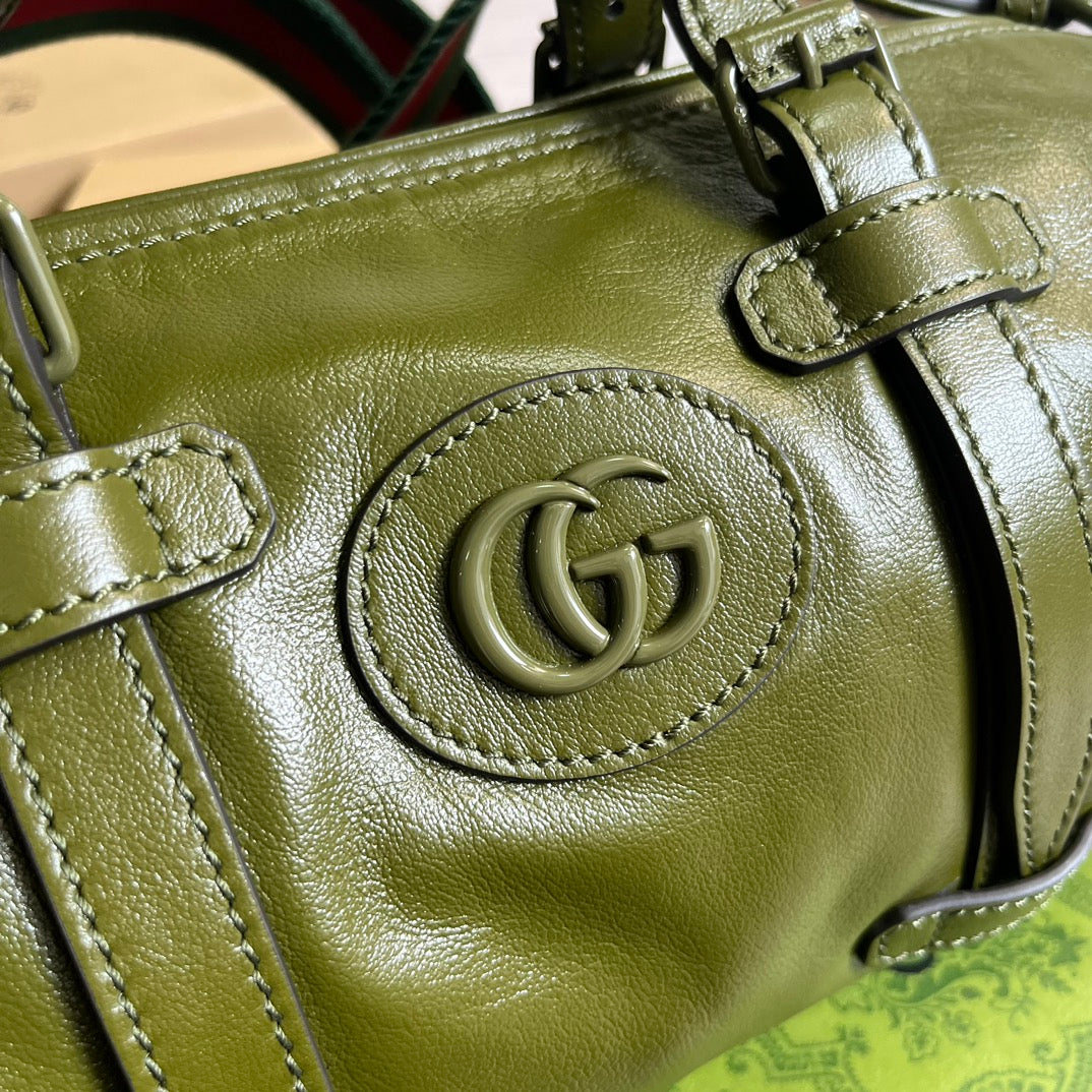 GUCCI Olive Green Leather Boston Bag with Iconic Web Strap