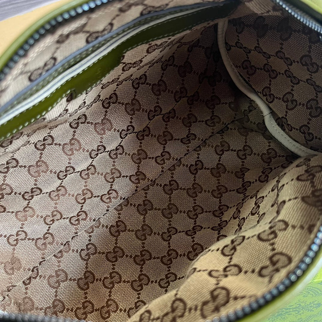 GUCCI Olive Green Leather Boston Bag with Iconic Web Strap