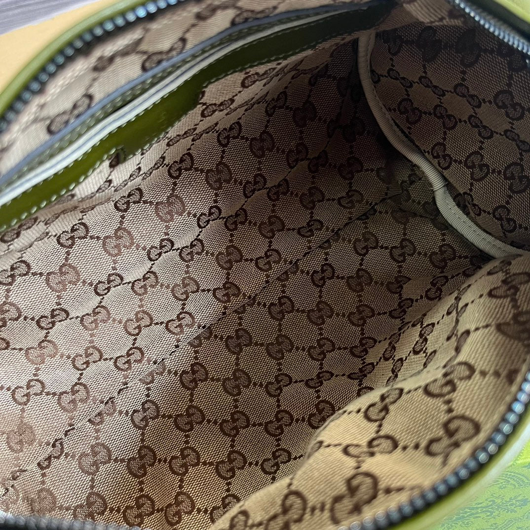 GUCCI Olive Green Leather Boston Bag with Iconic Web Strap