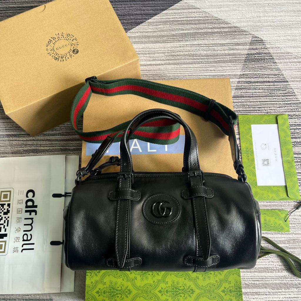 GUCCI Black Leather Boston Bag with Iconic Web Strap