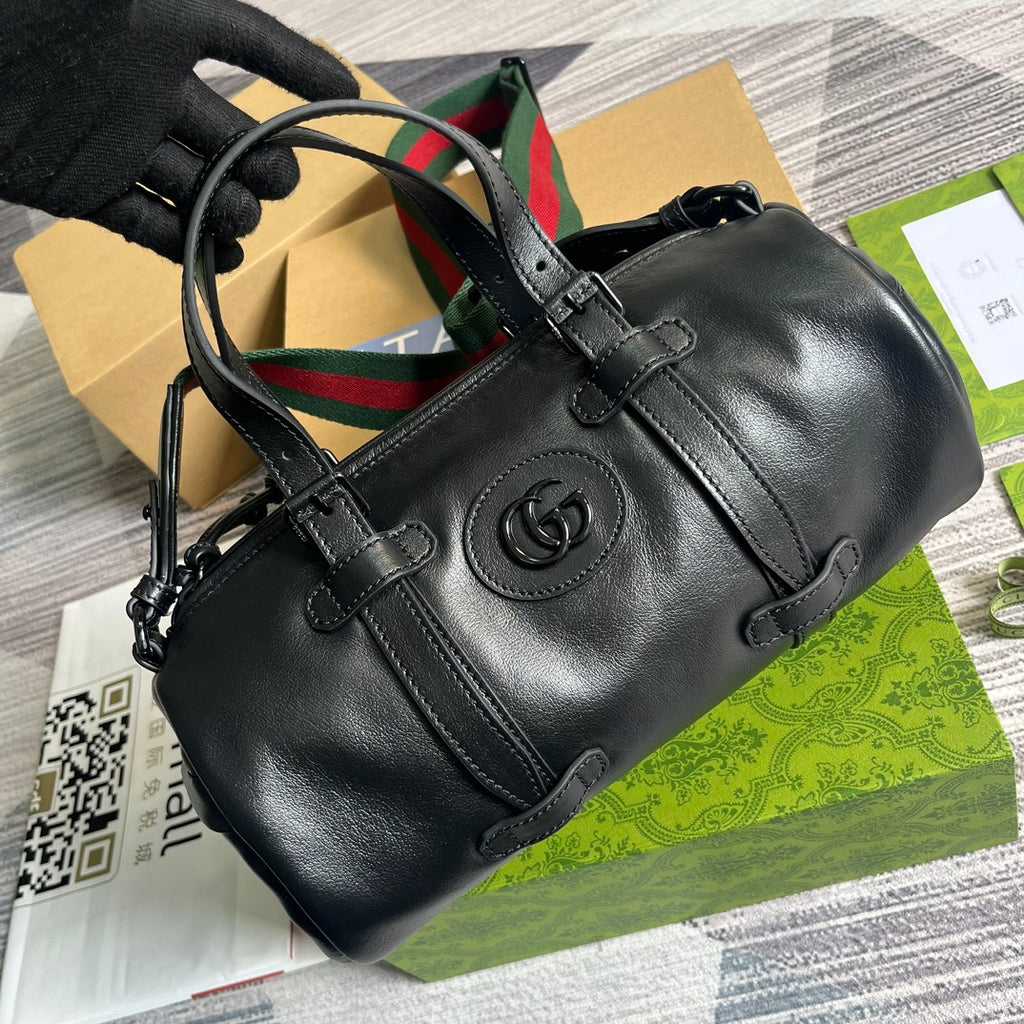GUCCI Black Leather Boston Bag with Iconic Web Strap