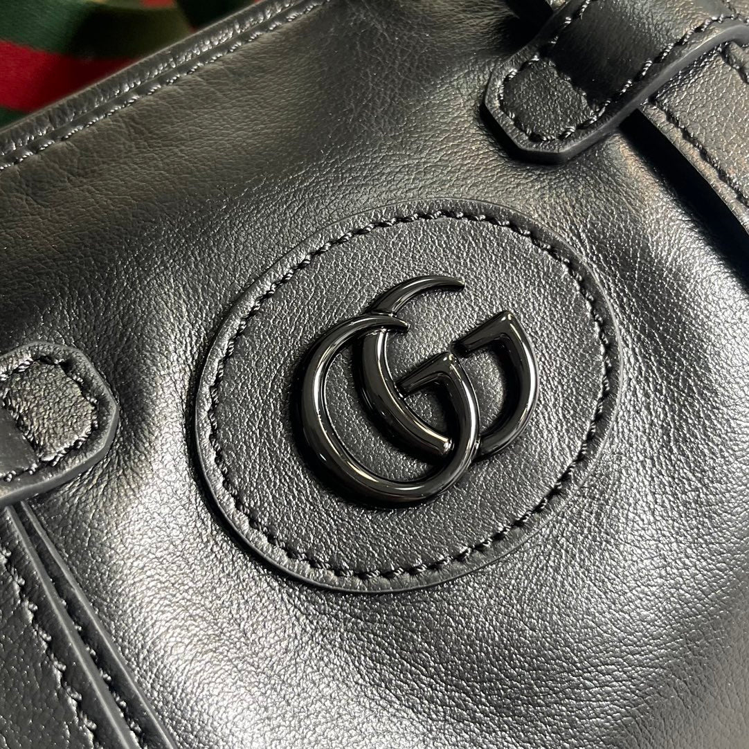 GUCCI Black Leather Boston Bag with Iconic Web Strap