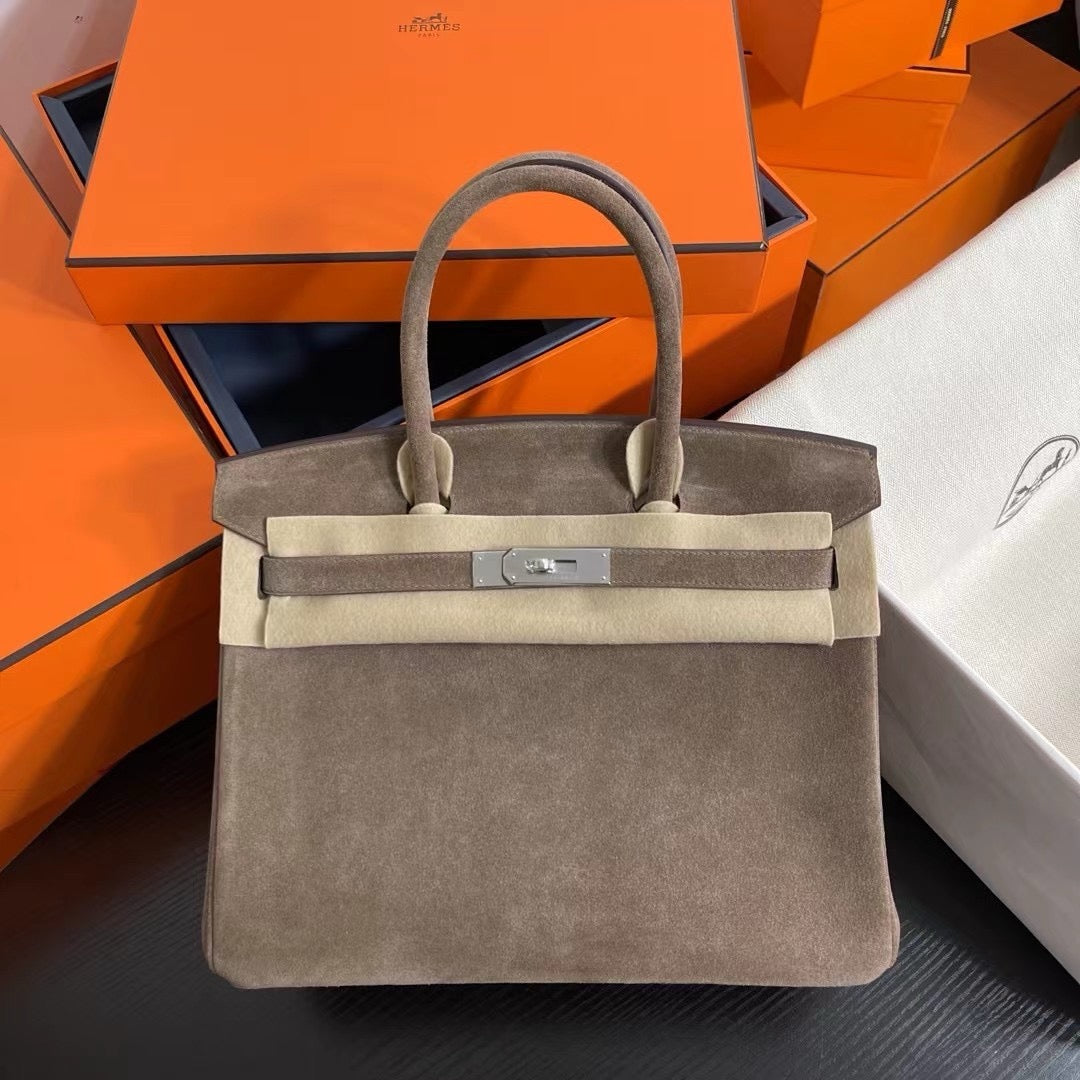 HERMES Limited Edition Suede Birkin 30 Bag Rare Etoupe Doblis Palladium Hardware