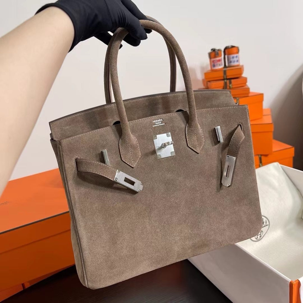 HERMES Limited Edition Suede Birkin 30 Bag Rare Etoupe Doblis Palladium Hardware