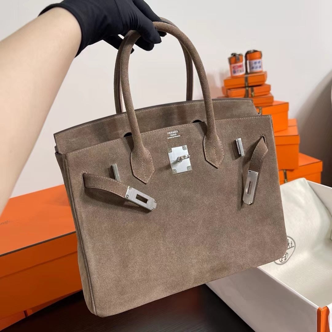 HERMES Limited Edition Suede Birkin 30 Bag Rare Etoupe Doblis Palladium Hardware
