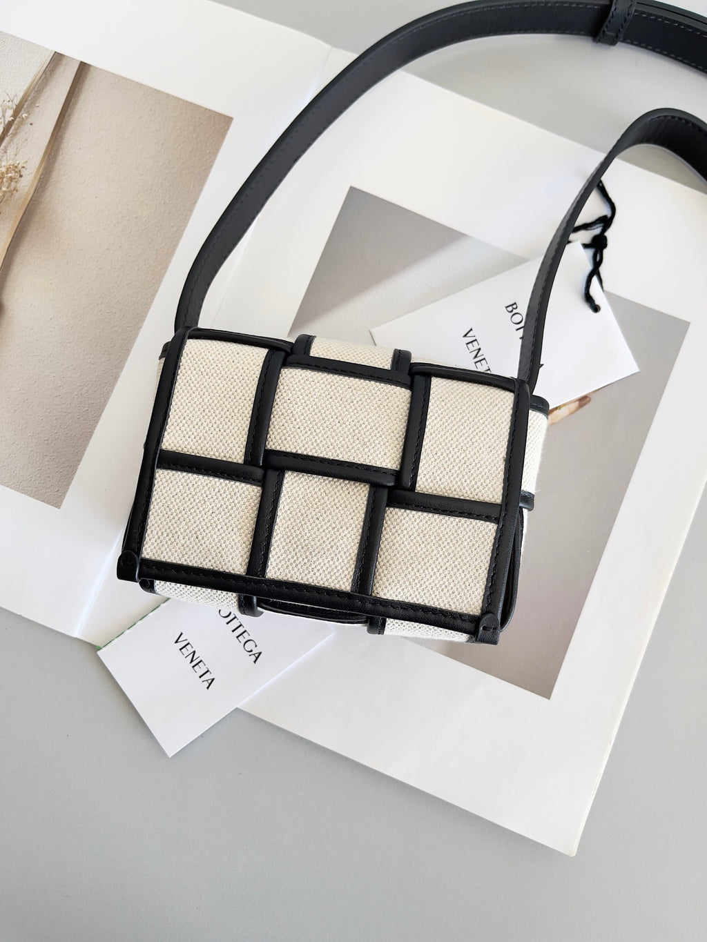 Bottega Veneta Cassette Crossbody - Natural Canvas with Black Leather Trim