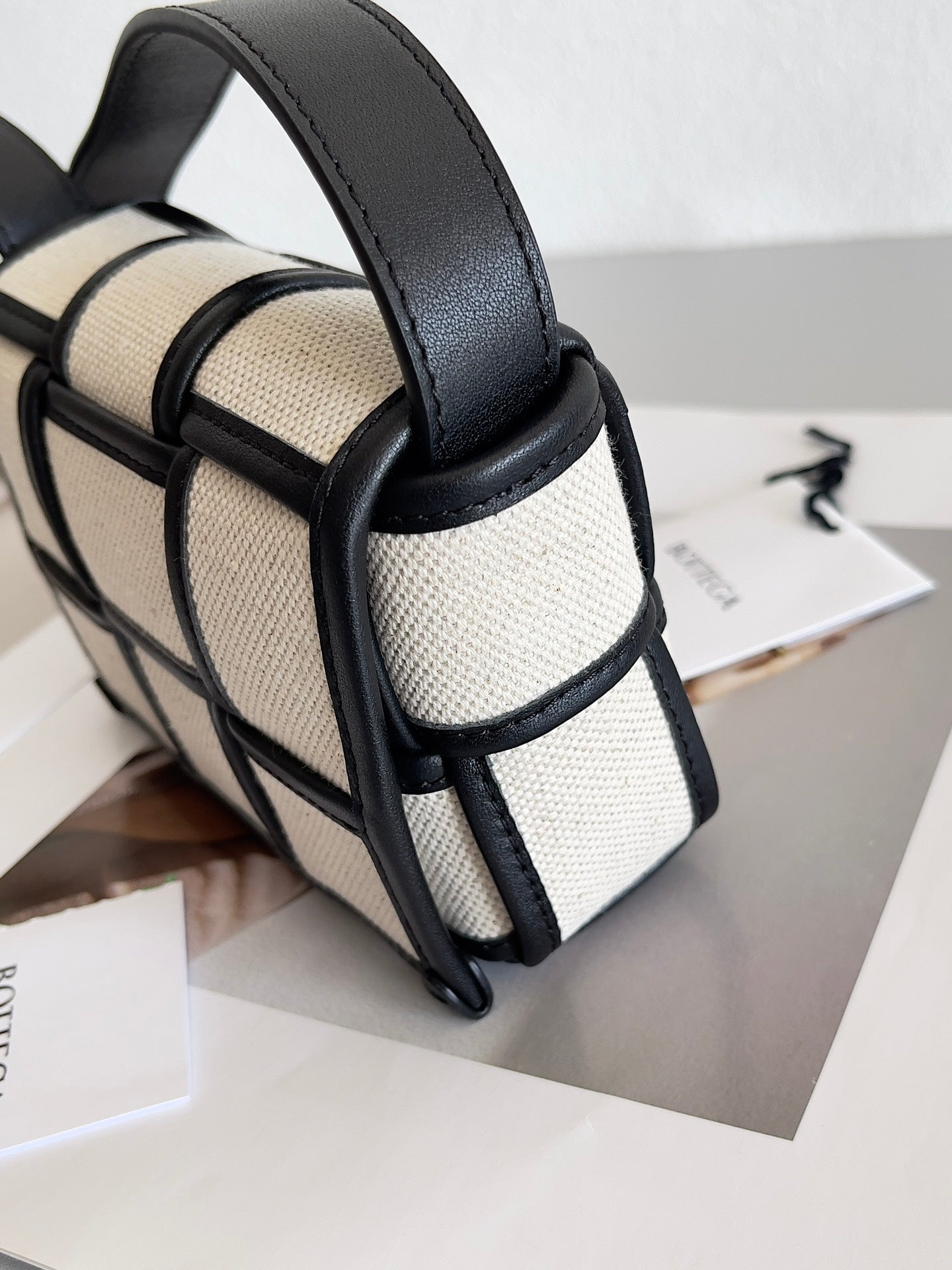 Bottega Veneta Cassette Crossbody - Natural Canvas with Black Leather Trim