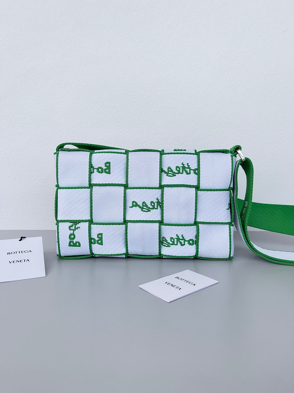 Bottega Veneta Cassette Crossbody - White with Green Logo Strap