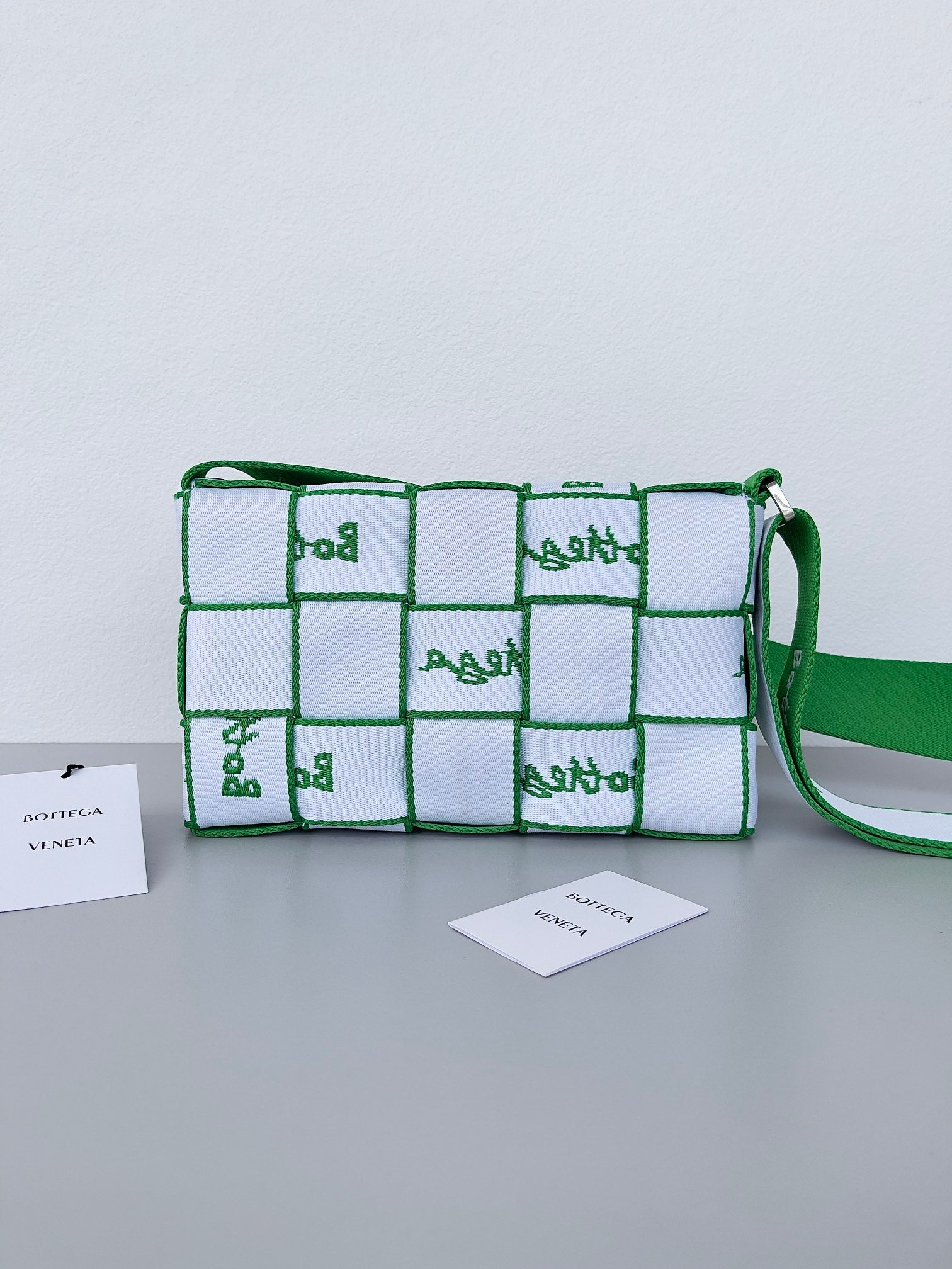 Bottega Veneta Cassette Crossbody - White with Green Logo Strap