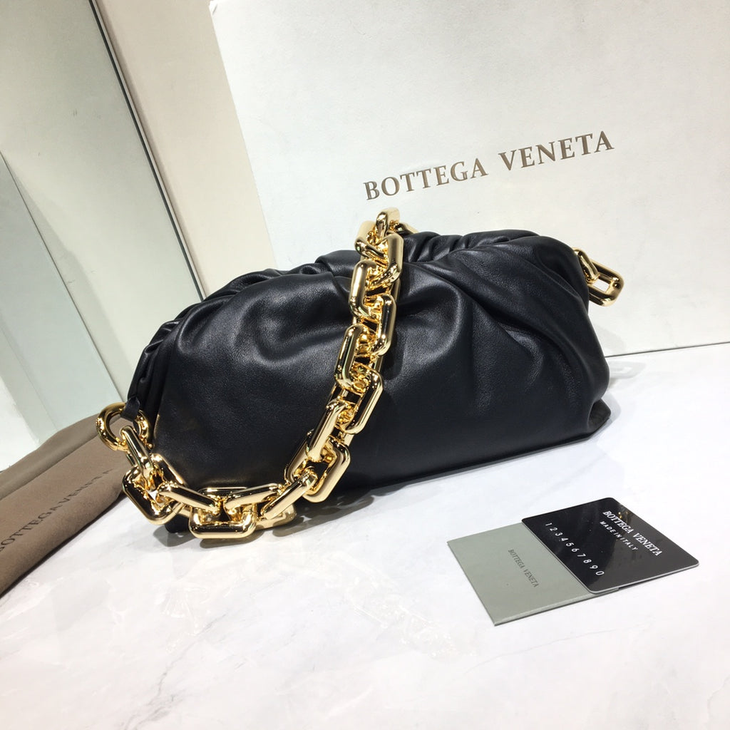 Bottega Veneta Chain Pouch - Black Leather with Gold Hardware