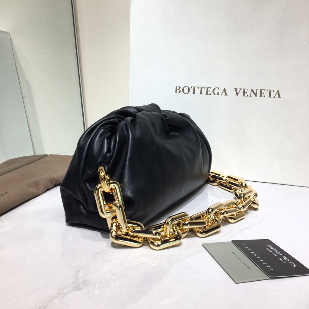Bottega Veneta Chain Pouch - Black Leather with Gold Hardware