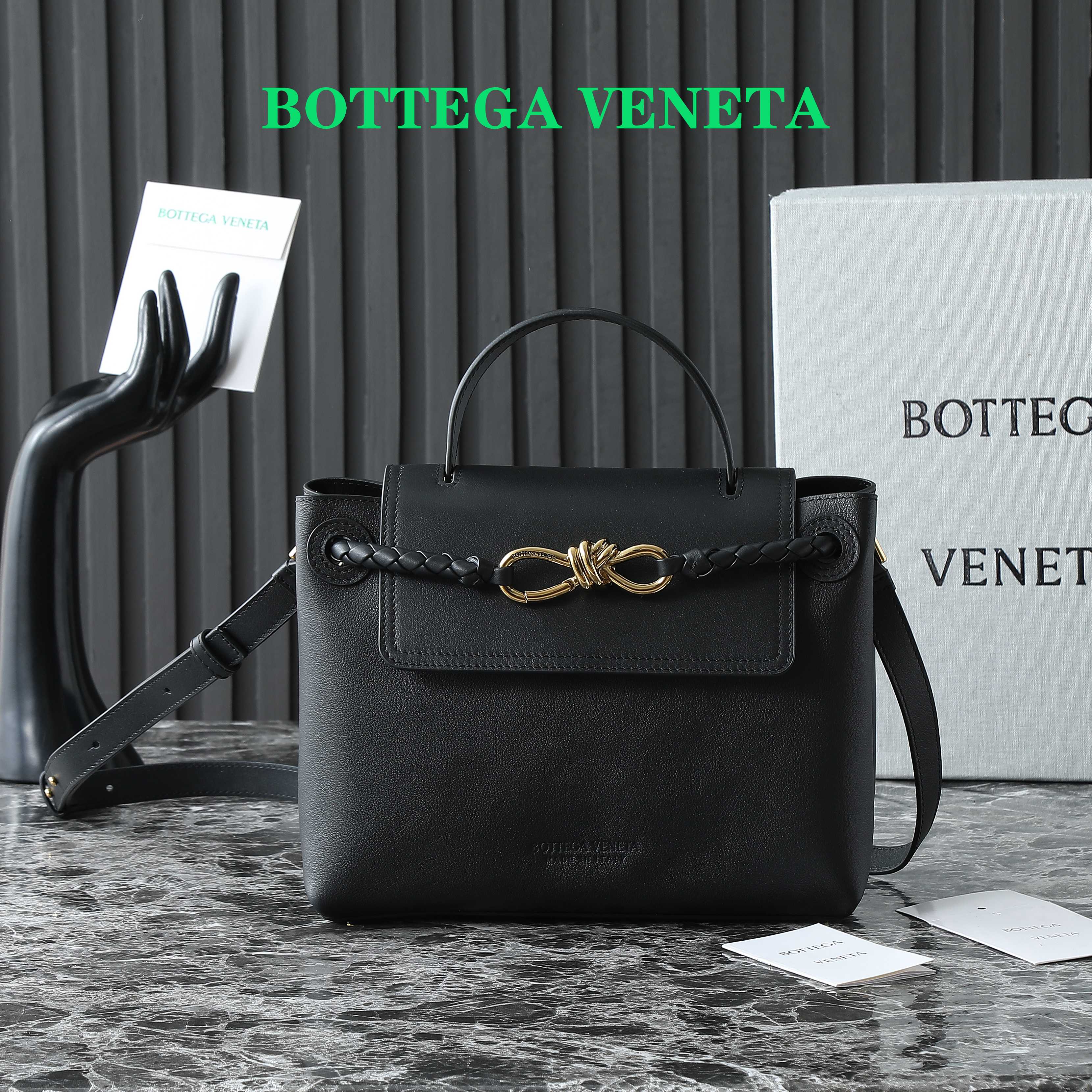 Bottega Veneta Intrecciato Black Leather Top Handle Bag