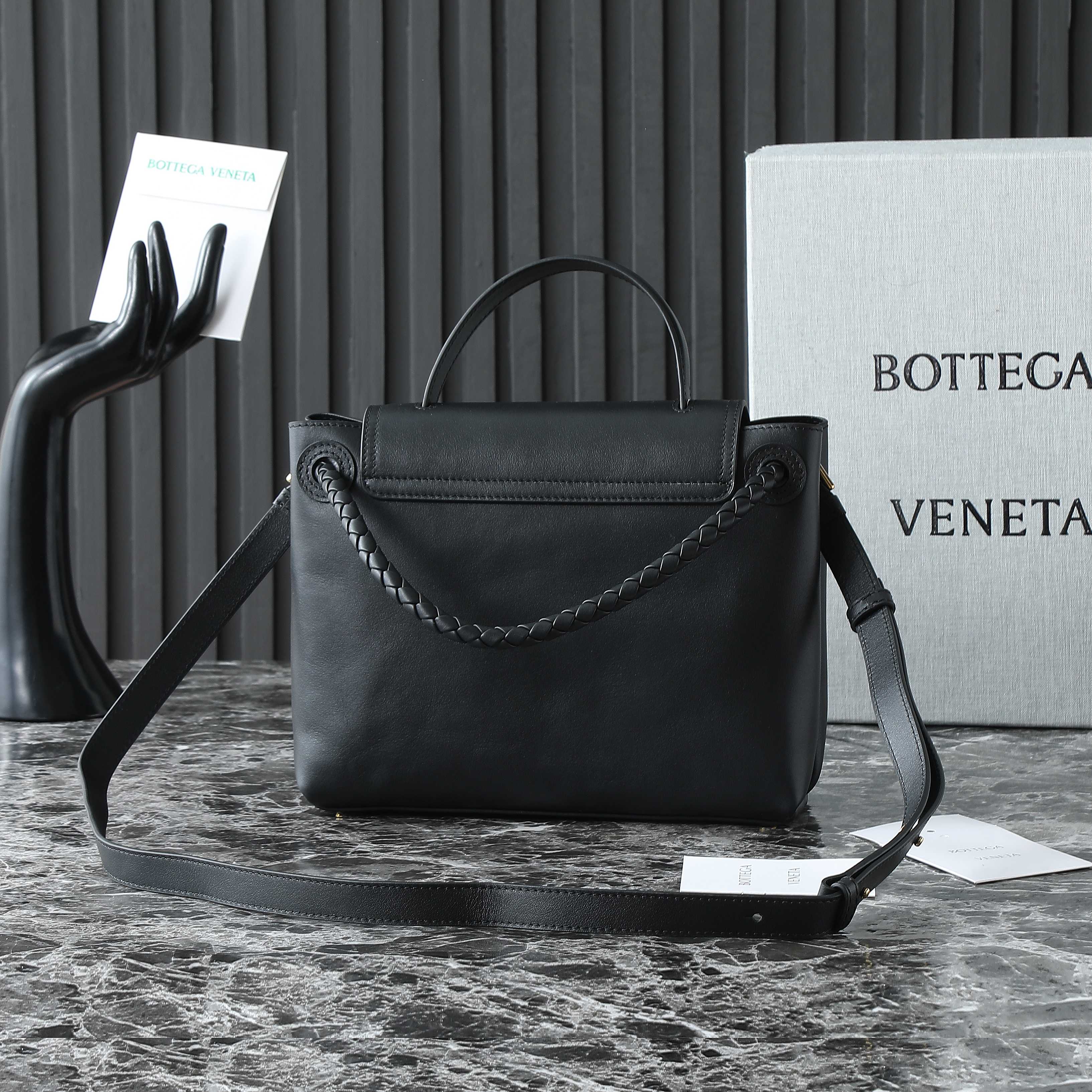Bottega Veneta Intrecciato Black Leather Top Handle Bag