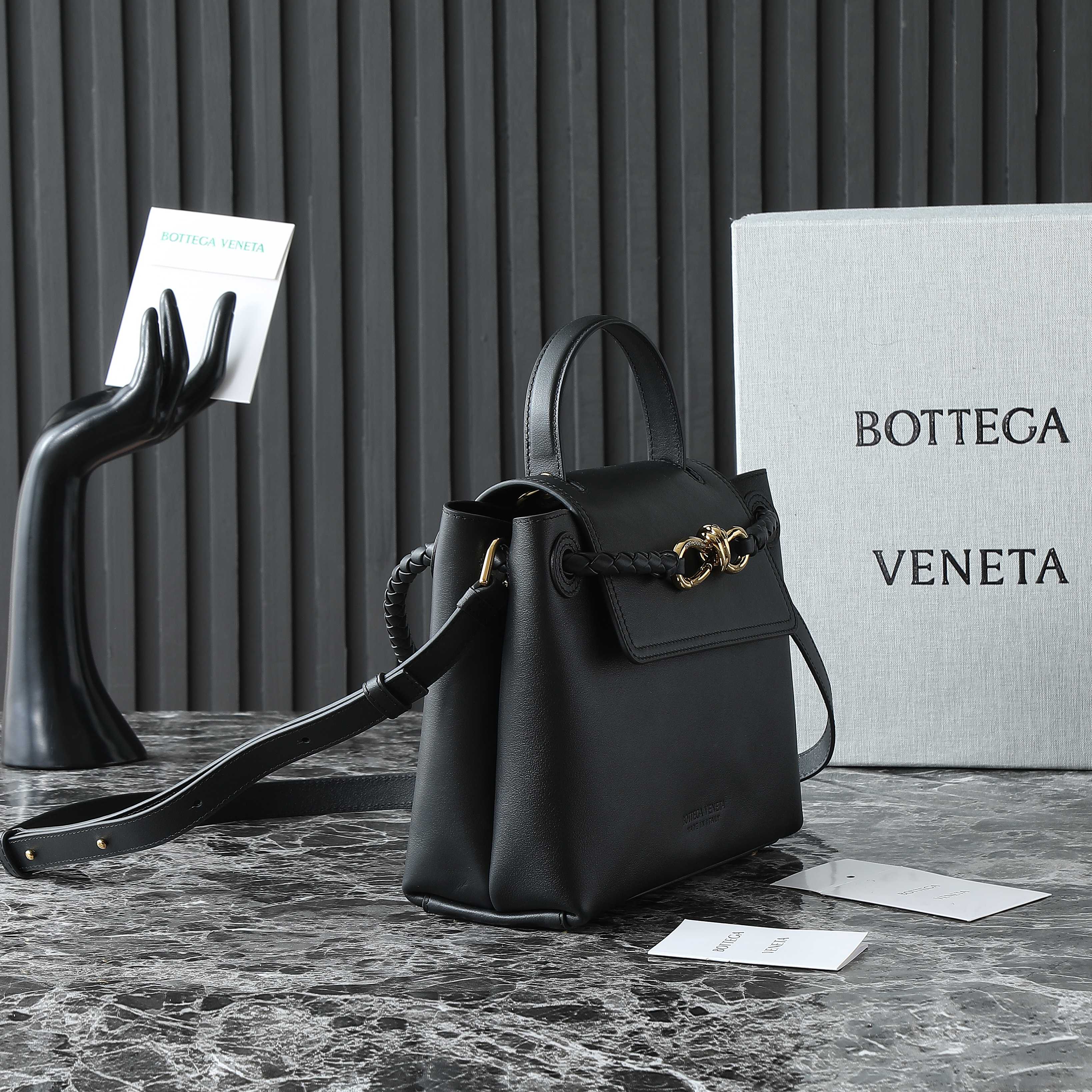 Bottega Veneta Intrecciato Black Leather Top Handle Bag